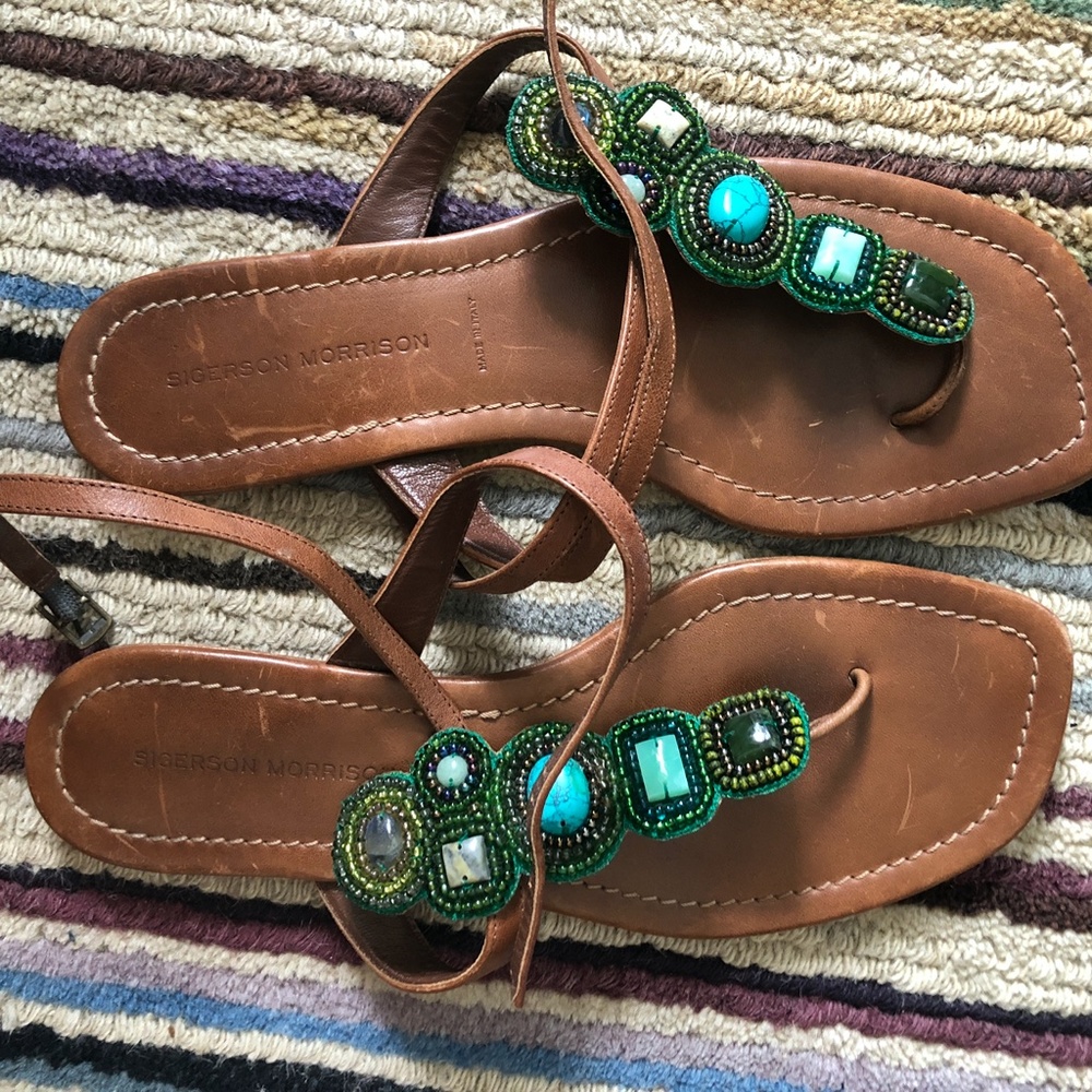Sigerson Morrison Turquoise Beaded Stones T Strap - Picture 3 of 5